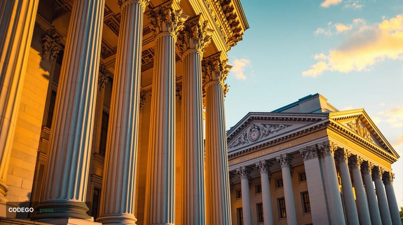 A photorealistic editorial photograph showing the imposing neoclassical facade of the Federal Deposit Insurance Corporation h