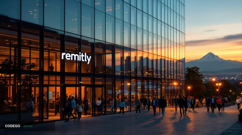 A cinematic editorial photograph of Remitly's Seattle headquarters building exterior, shot during the golden hour with dramat