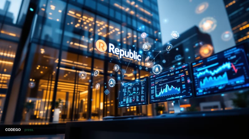 A cinematic editorial photograph showcasing the intersection of traditional finance and Web3 technology. The scene features a