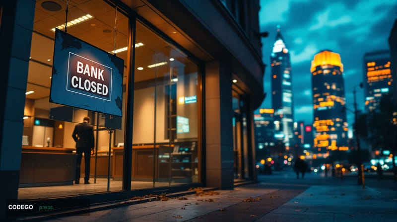 A cinematic editorial photograph capturing the stark contrast between traditional and modern banking. The foreground shows a 
