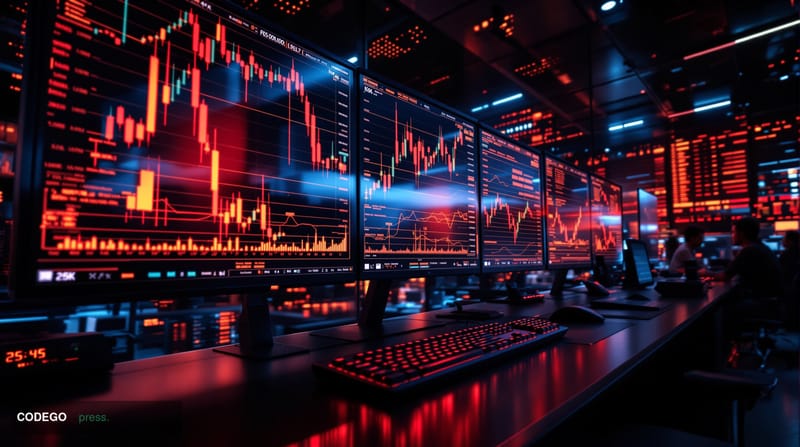 A photorealistic cinematic editorial photograph showing Bitcoin trading screens displaying the $72,000 price level in a moder