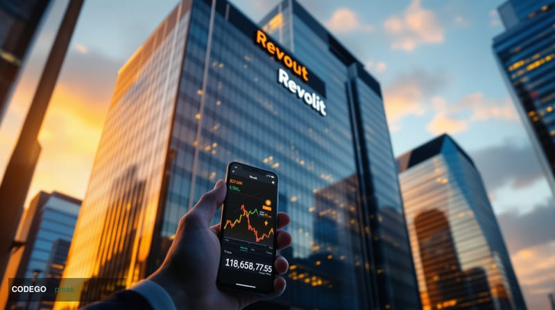 A dramatic photorealistic editorial photograph showing the Revolut headquarters building in London's Canary Wharf financial d