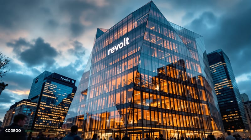 A photorealistic wide-angle view of Revolut's modern London headquarters building at Canary Wharf, with the distinctive corpo
