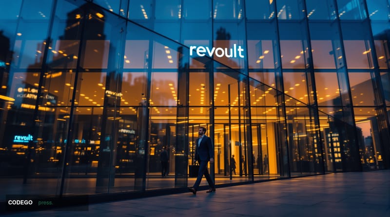 A cinematic editorial photograph showcasing Revolut's London headquarters building with its distinctive modern glass facade, 