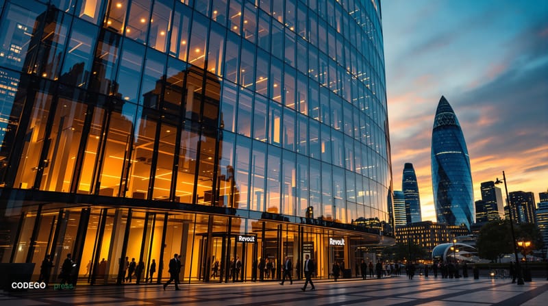 A cinematic editorial photograph of Revolut's London headquarters building exterior in Canary Wharf financial district, shot 