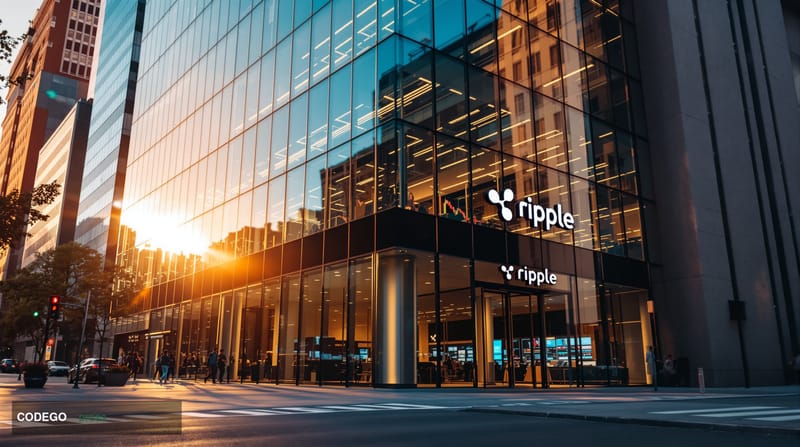 A cinematic editorial photograph showing Ripple's modern corporate headquarters building in San Francisco's financial distric