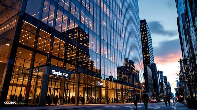 A cinematic editorial photograph of Ripple's modern San Francisco headquarters building, captured from a low angle during gol