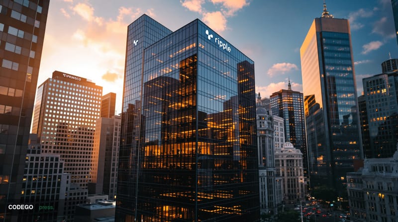 A cinematic aerial view of Ripple's San Francisco headquarters building at 315 Montgomery Street, photographed during golden 