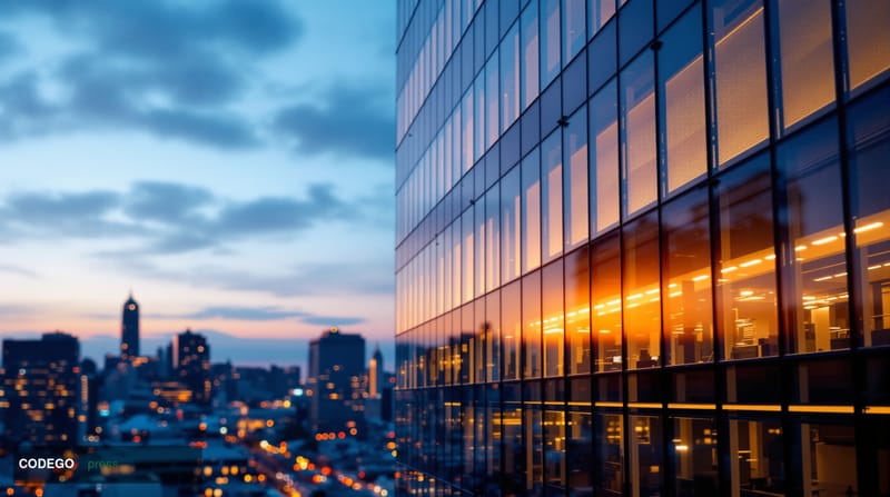 A cinematic editorial photograph of Ripple's corporate headquarters in San Francisco, captured during golden hour with dramat