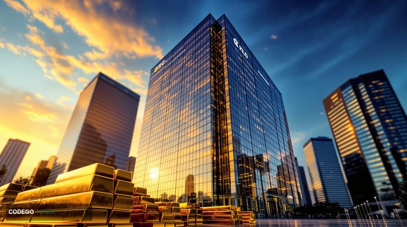 A dramatic editorial photograph showcasing Ripple's San Francisco headquarters building at golden hour, with the distinctive 