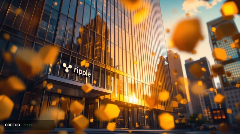 A cinematic editorial photograph of Ripple's distinctive San Francisco headquarters building at 315 Montgomery Street, shot f