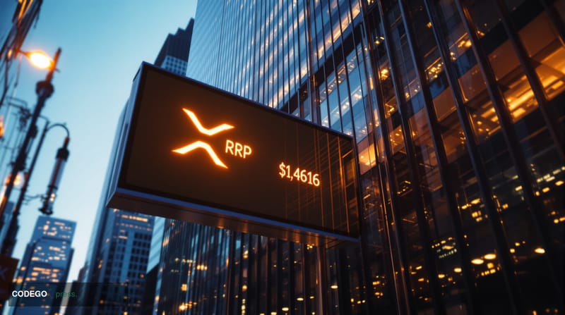 A photorealistic editorial photograph capturing the intersection of traditional finance and cryptocurrency. The scene shows t