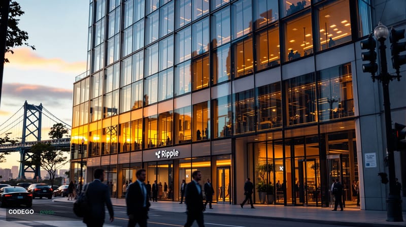 A photorealistic editorial photograph of Ripple's San Francisco headquarters building exterior, shot from a low angle to emph
