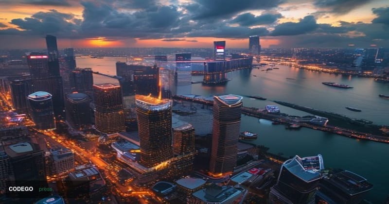 A dramatic aerial view of Singapore's financial district skyline at dusk, showcasing the iconic Marina Bay Sands and towering