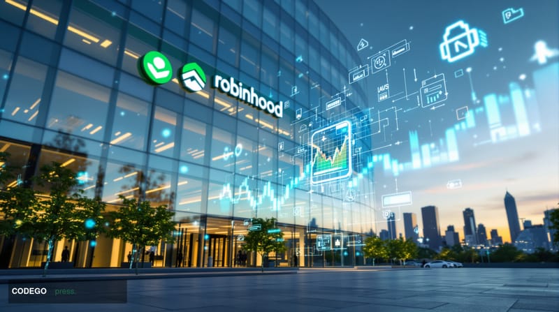 A photorealistic editorial photograph showing Robinhood's modern tech headquarters in Menlo Park, California, with the compan