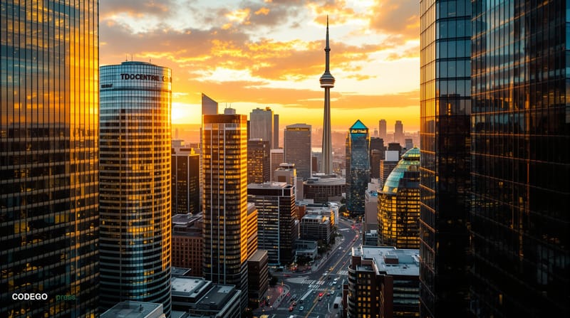 A photorealistic editorial news photograph showing the Toronto Financial District skyline at golden hour, with the iconic CN 