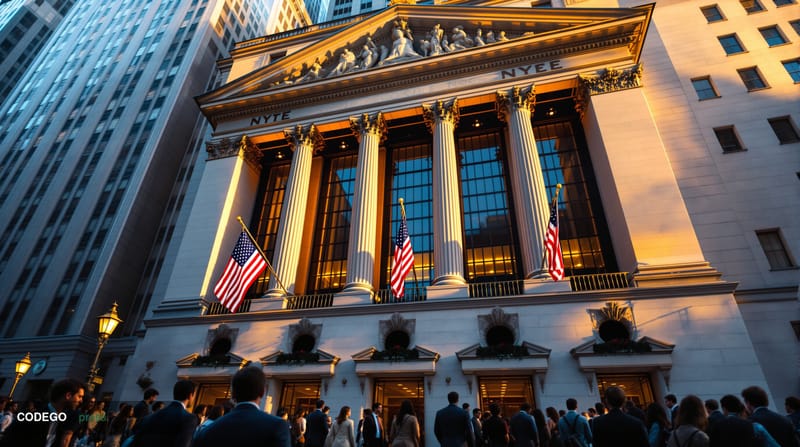 Photorealistic editorial photograph of the New York Stock Exchange building exterior during golden hour, with the iconic neoc