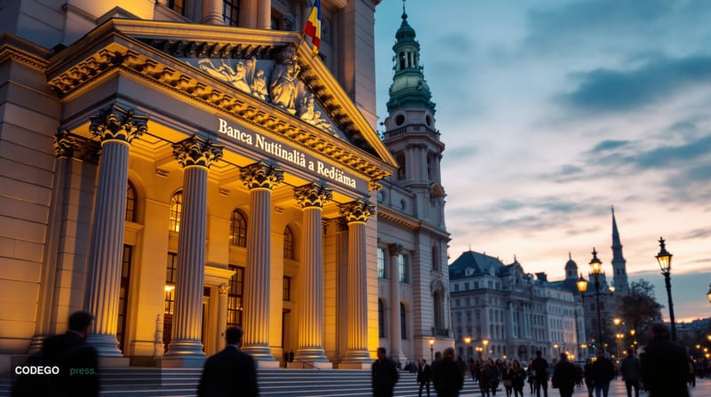 A cinematic editorial photograph capturing the Romanian National Bank headquarters in Bucharest during the OECD symposium, sh