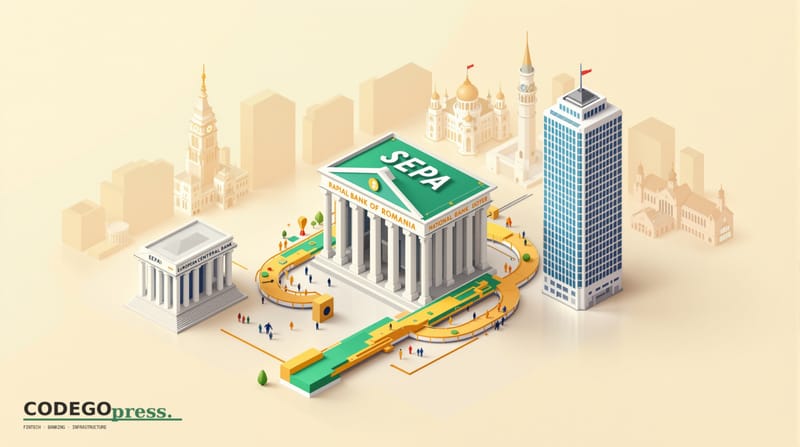 Large stylized SEPA payment rail diagram in banking green and gold at centre, National Bank of Romania columned headquarters 