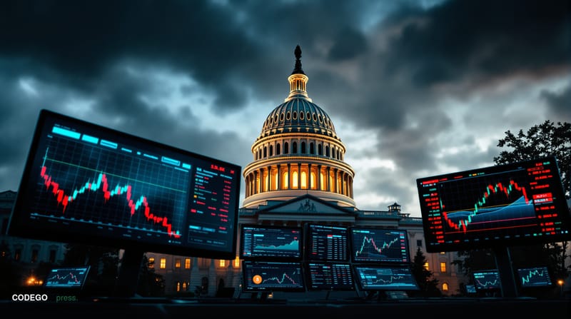 A cinematic editorial photograph capturing the intersection of geopolitics and financial markets, featuring the US Capitol bu