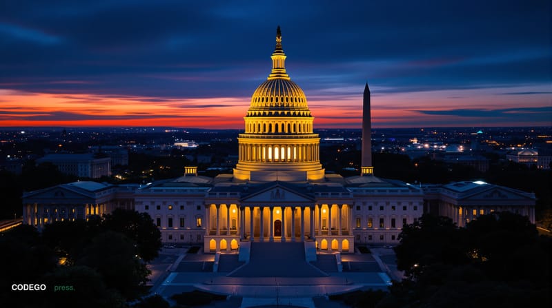 A dramatic nighttime aerial photograph of the US Capitol building in Washington DC, with warm golden lighting illuminating th