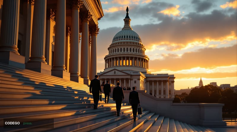 A photorealistic editorial photograph showing the United States Capitol building at golden hour, shot from the Senate side wi