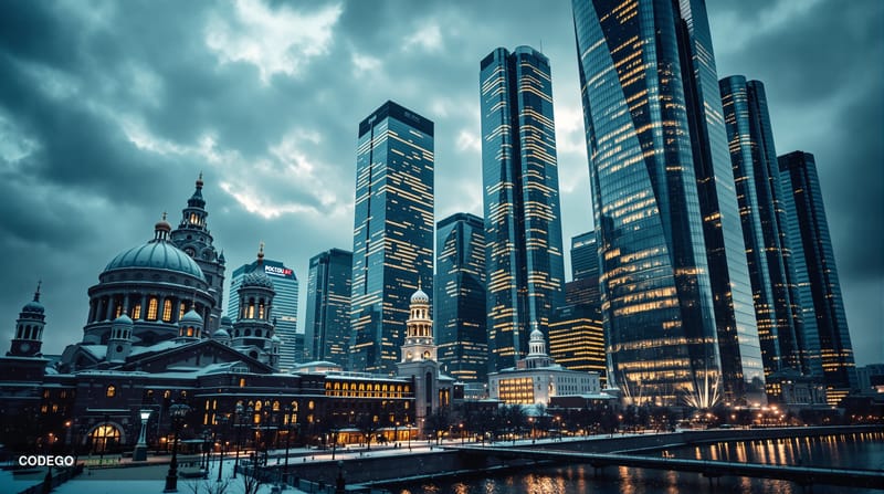 A dramatic photorealistic editorial photograph capturing the tension of Russia's banking crisis through the imposing facade o
