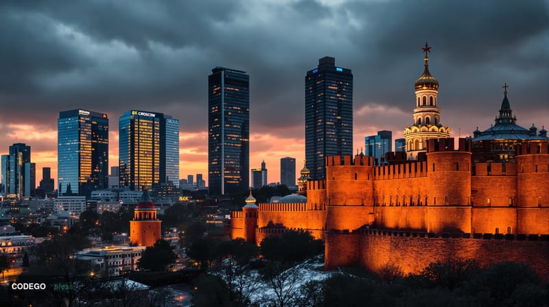 A dramatic photorealistic editorial photograph showing the Moscow skyline at dusk with the Kremlin's distinctive red walls an