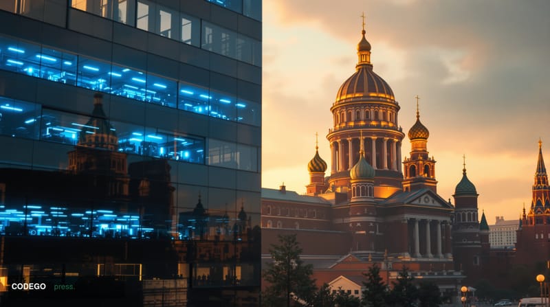A cinematic editorial photograph capturing the intersection of Russian state power and cryptocurrency mining regulation. The 