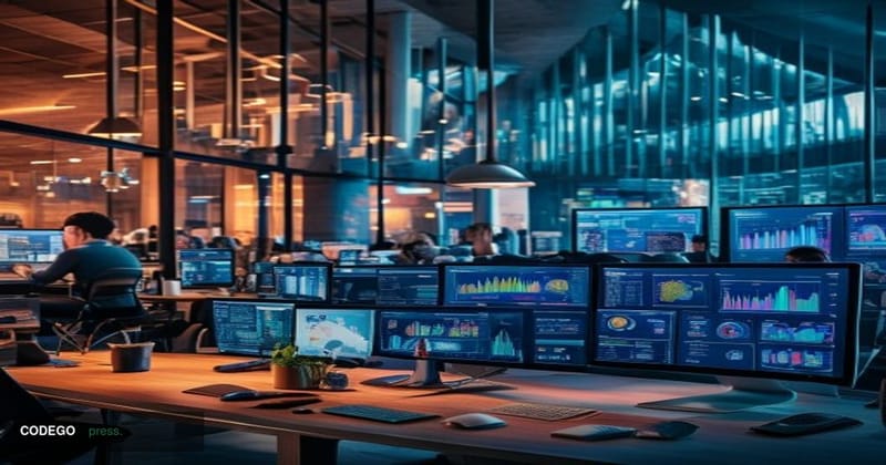 A cinematic editorial photograph showing the interior of a modern corporate sales floor with AI-powered workstations and mult