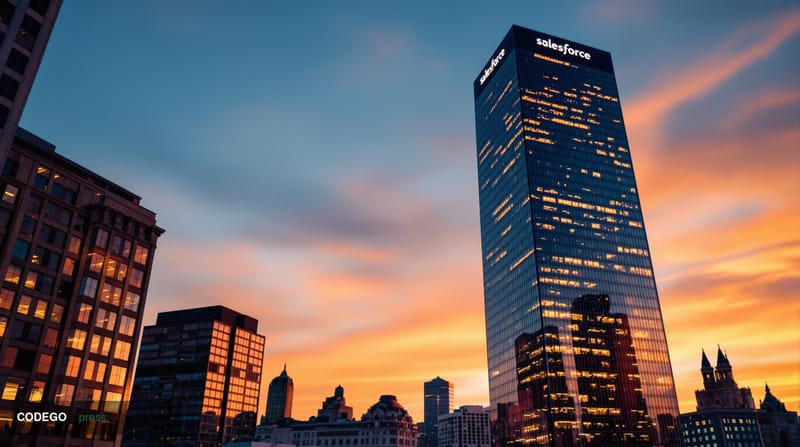 A cinematic editorial photograph of the iconic Salesforce Tower in San Francisco's downtown skyline, shot from a low angle du