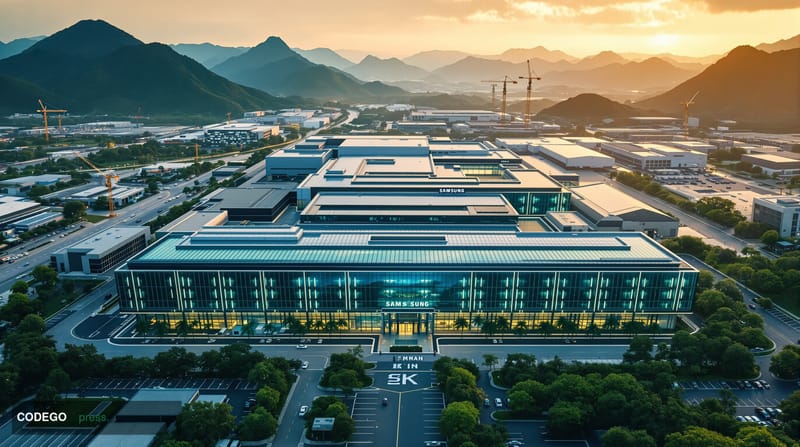 A sweeping aerial view of Samsung's modern semiconductor facility in Vietnam, featuring the company's distinctive corporate a