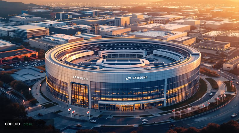 A sweeping aerial view of Samsung's sprawling Suwon semiconductor campus in South Korea at golden hour, with the iconic curve