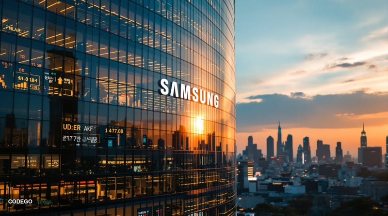 A cinematic editorial photograph showcasing the modern Samsung headquarters complex in Seoul's Gangnam district, with its dis