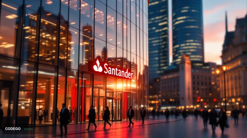 A dramatic photorealistic editorial photograph showing Santander's iconic red and white headquarters building in London's fin