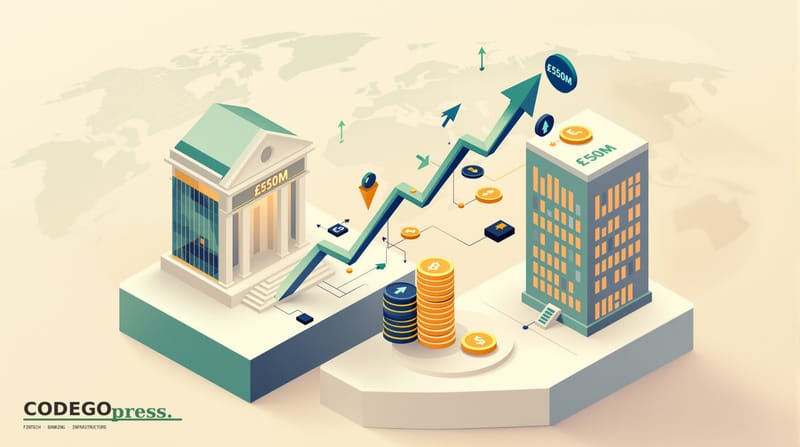 Flat 3D isometric vector editorial illustration showing a split-level banking ecosystem. Left side: traditional bank building