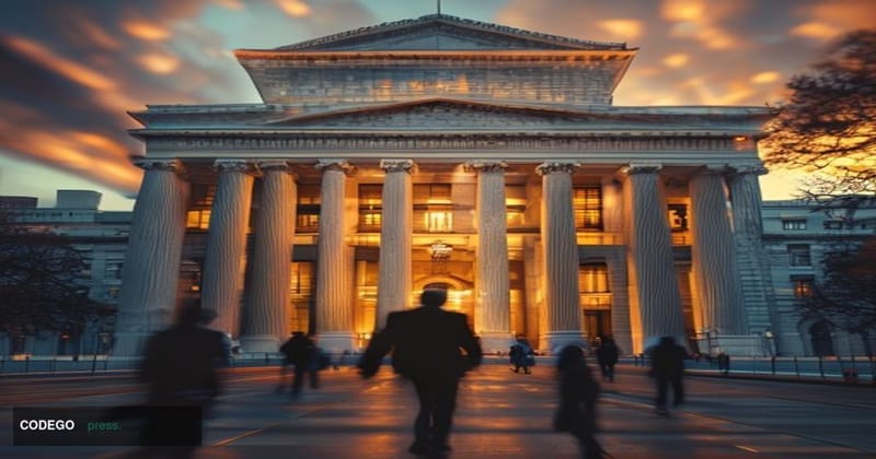 A dramatic wide-angle establishing shot of the iconic Federal Reserve building or Treasury Department in Washington DC, photo