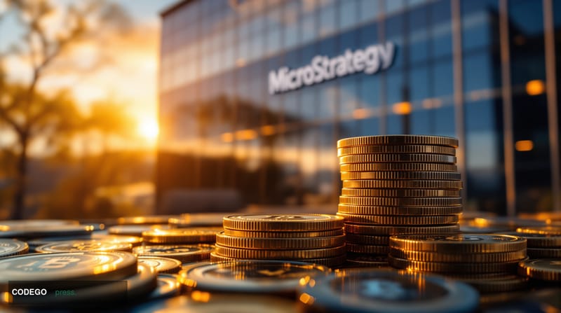 A cinematic editorial photograph of MicroStrategy's headquarters building in Tysons Corner, Virginia, captured during golden 