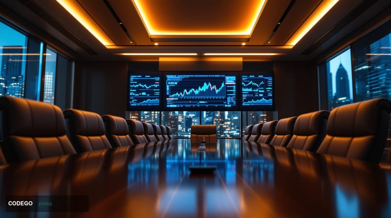 <A dramatic photorealistic editorial photograph of a modern corporate boardroom during an earnings call, shot from a low angl