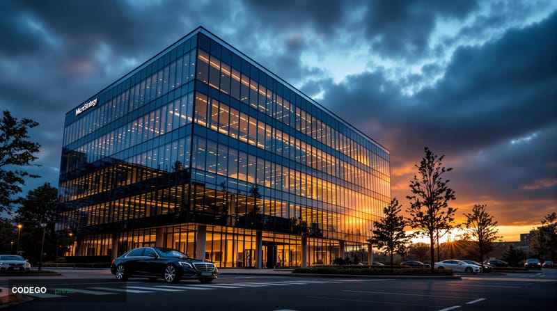 A cinematic editorial photograph showing the exterior of MicroStrategy's corporate headquarters in Tysons Corner, Virginia, c