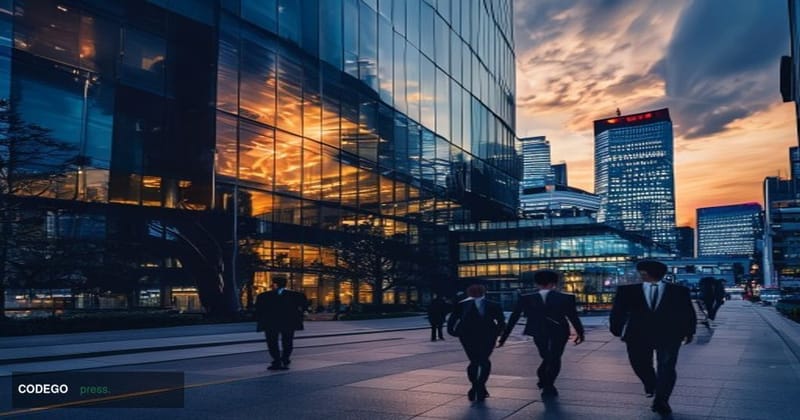 A cinematic editorial photograph showing SBI Holdings' modern corporate headquarters in Tokyo's financial district, captured 
