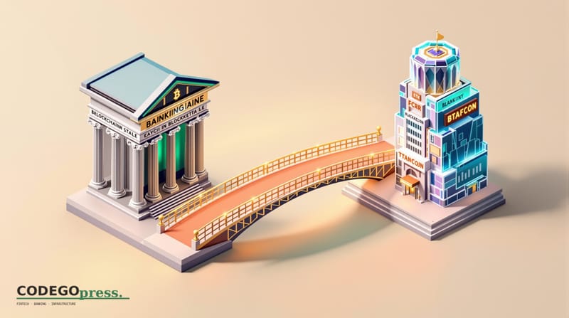 Flat 3D isometric vector editorial illustration showing a bridge connecting two distinct architectural zones: on the left, a 