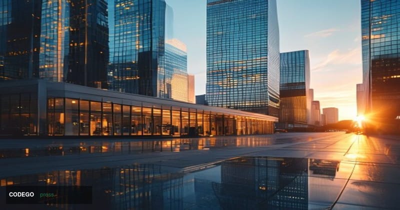 Cinematic editorial photograph showing the Dallas downtown skyline with modern glass skyscrapers reflecting golden hour sunli