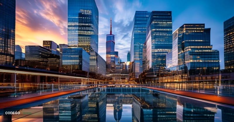 A dramatic editorial photograph capturing the intersection of Canadian and American banking, showing the distinctive glass an