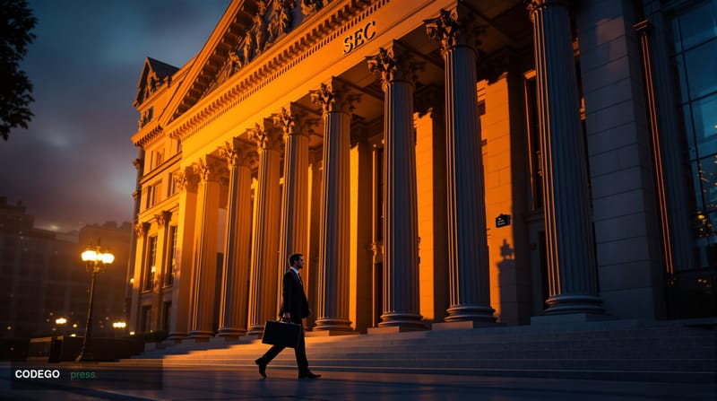 A photorealistic editorial photograph showing the SEC headquarters building in Washington D.C. during golden hour, with drama