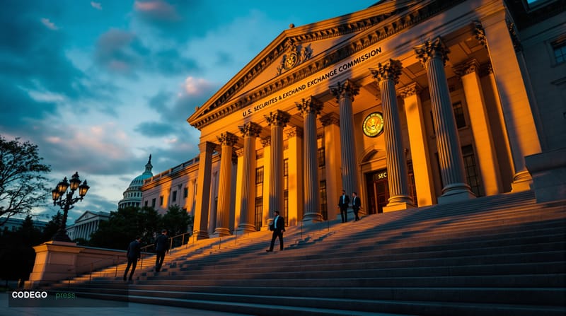 A photorealistic editorial photograph showing the imposing neoclassical facade of the U.S. Securities and Exchange Commission
