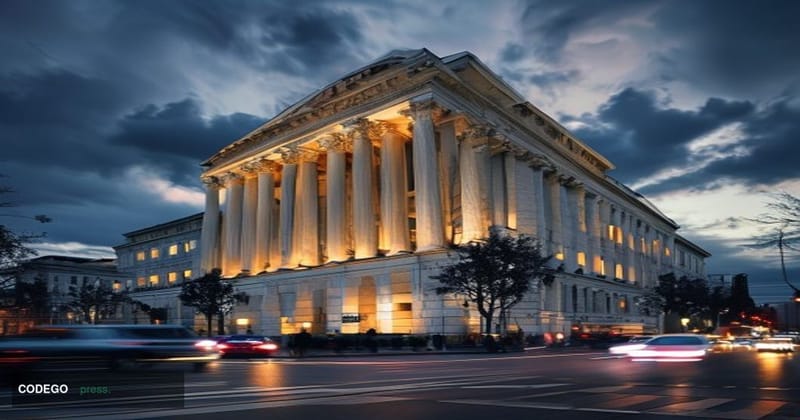 A photorealistic editorial photograph of the iconic SEC headquarters building in Washington D.C., captured during golden hour