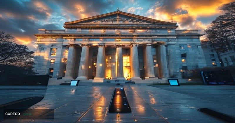 A photorealistic editorial photograph of the imposing neoclassical facade of the Securities and Exchange Commission headquart