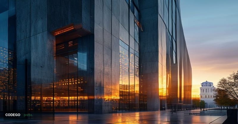 A photorealistic editorial photograph of the SEC headquarters building in Washington D.C., captured during golden hour with d