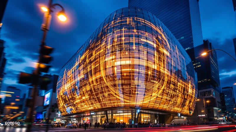 A photorealistic editorial photograph of the Nasdaq MarketSite building in Times Square, New York City, captured during the b